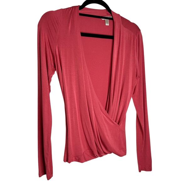 Banana Republic Dark Coral Long Sleeve Deep Draped VNeck Faux Wrap Top S - Picture 1 of 10